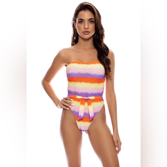 Luli Fama NWT $170 MIAMI SUNSETS - Tie Back Bandeau One Piece L - Picture 1 of 4